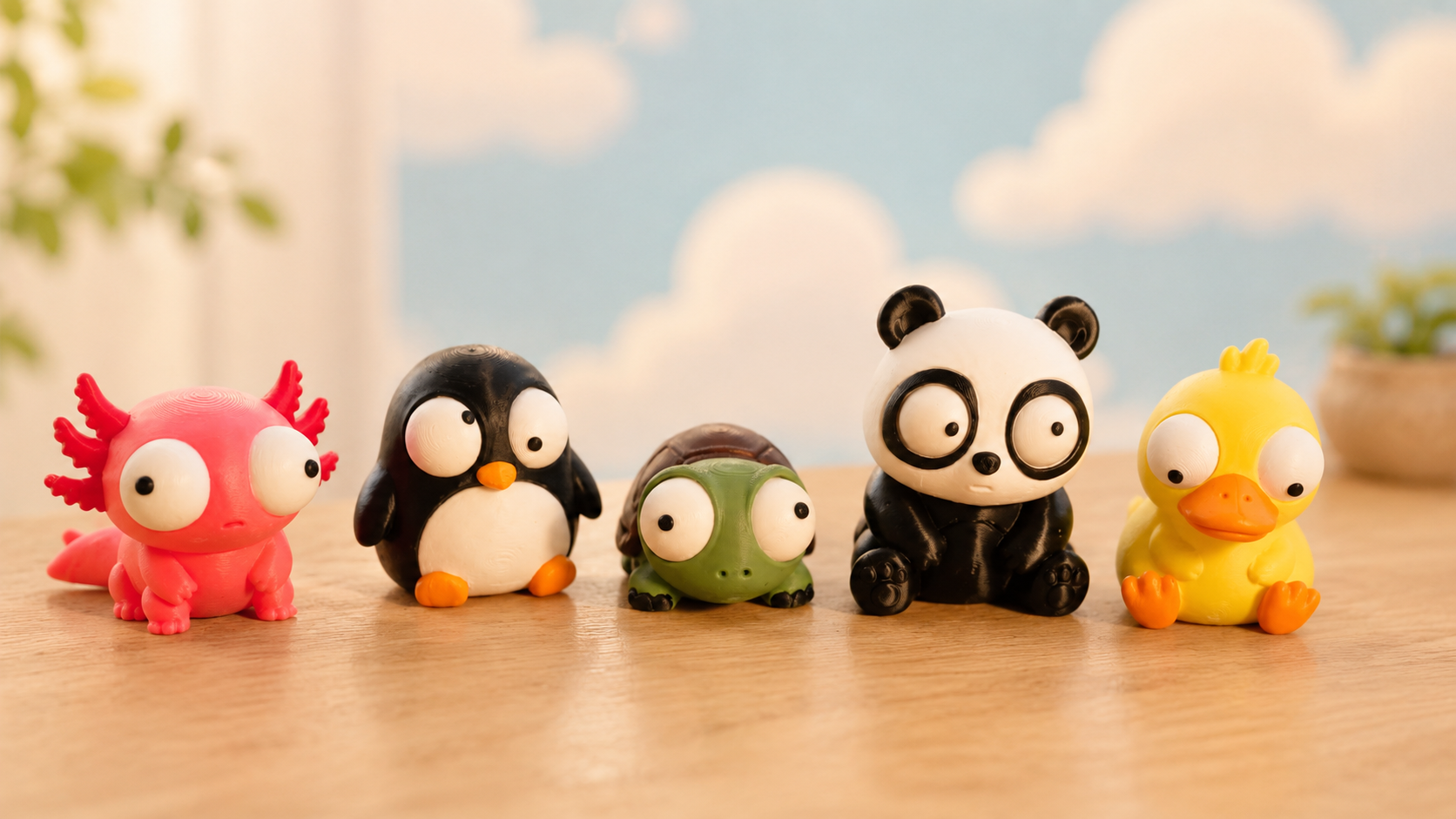 Five Pipimals characters together: axolotl, penguin, turtle, panda, and duck